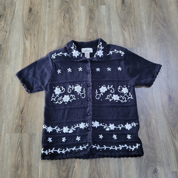 Worthington Vintage Knit Sweater Top M Petite Pearl Collar Granny Embroidered - Picture 2 of 10